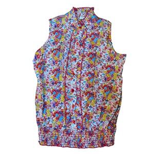 Janette Plus Colorful Floral Sleeveless Button Down Cotton Blouse‎ Top 1XL
